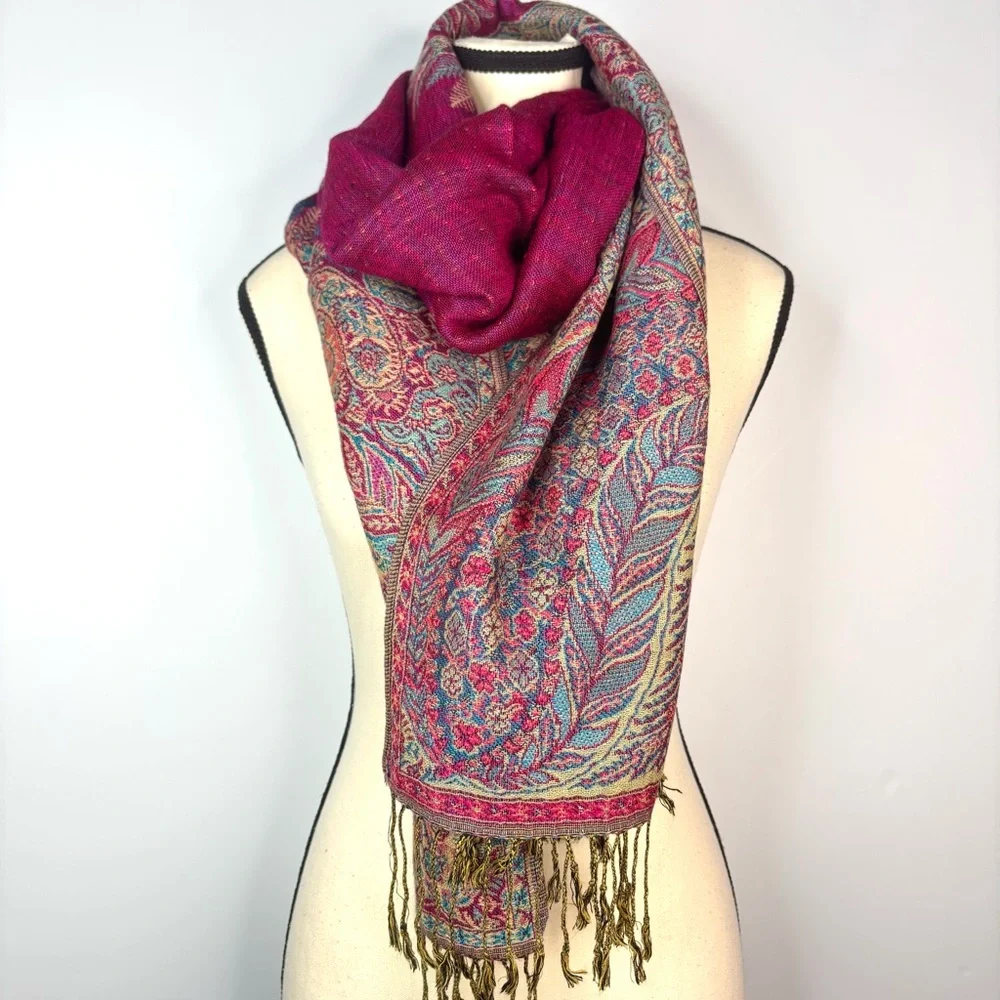 Pashmina Paisley Fuchsia Pink Teal Blue Jewel Tone Boho Silk Blend Scarf Wrap OS